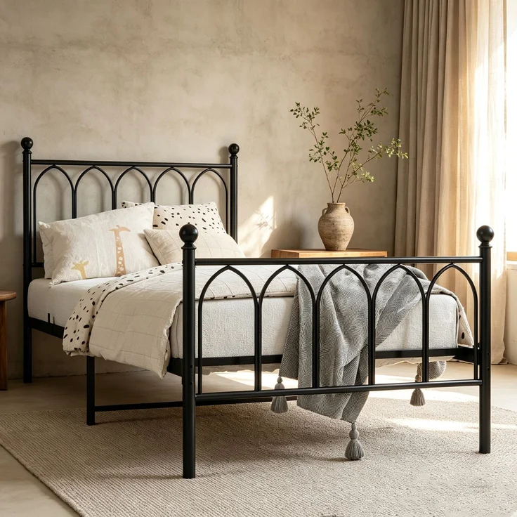 Metallbett 90x200 cm mit 15 cm Matratze, Vintage-Design, geschwungenes Kopfteil, Schwarz – Bild 2