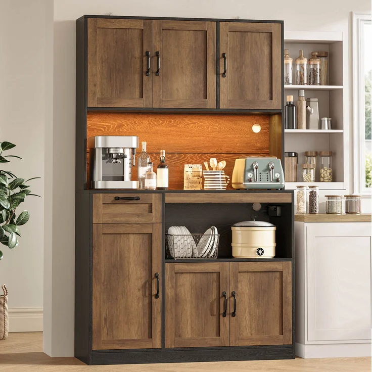 Küchenschrank 110 x 40 x 180 cm mit RGB-LED-Beleuchtung und Stauraum – Natur und Schwarz – Bild 5