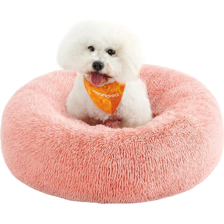 Feandrea Hundebett flauschig, Donut Kissen, waschbar, Polsterung in der Mitte herausnehmbar, Langer Plüsch, rosa, 70x20 cm