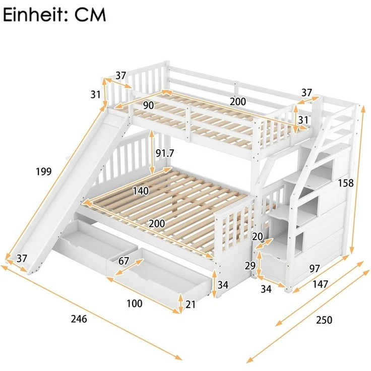 Flieks Etagenbett, Kiefer Kinderbett mit Stauraumtreppe und Schubladen 90x200cm+140x200cm – Bild 2
