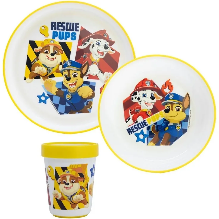 PAW PATROL Kindergeschirr-Set Paw Patrol Chase Rubble Kinder Anti-Rutsch Geschirr-Set 3 teilig (3-tlg), 1 Personen, Becher, Teller, Schüssel