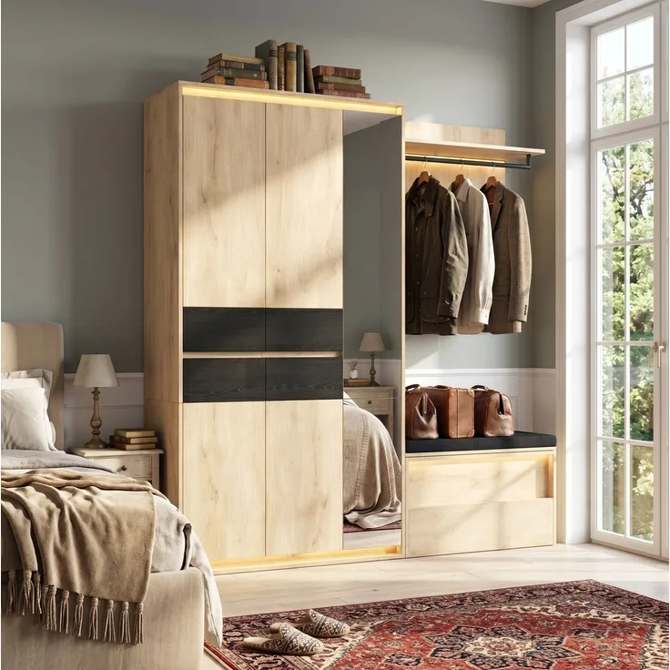 Garderoben-Set aus MDF mit LED-Beleuchtung, Spiegel und Sitzbank, 200x47x200 cm, Eiche