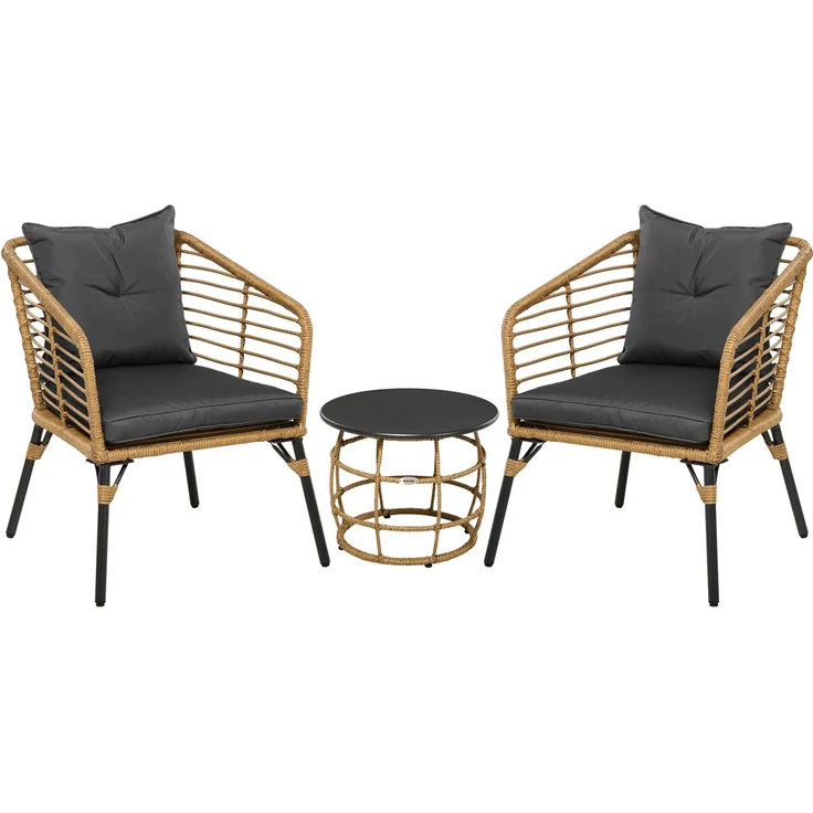 Bistro-Tischgruppe mit Tisch H 37 cm, Ø 46 cm, PE-Rattan und Eisenplatte, mit 2 Stühlen – Bild 2