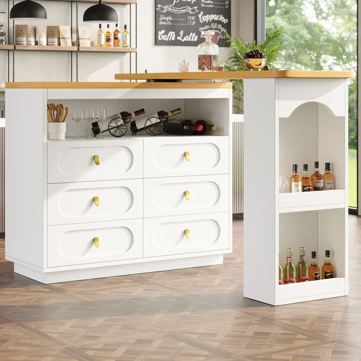 Bartisch ausziehbar mit 360° Drehfunktion, MDF Tischplatte, 6 Schubladen, Stauraumregal,Weiß – Bild 1