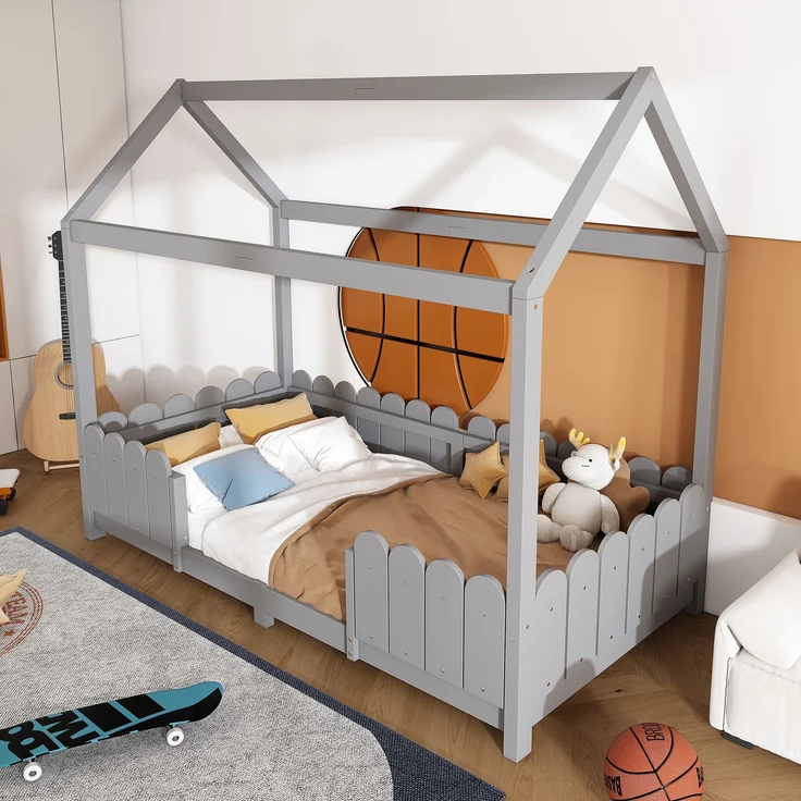 Bett 90x200 cm im Haus-Design mit Dach und Rausfallschutz – Kiefernholz, grau – Bild 1