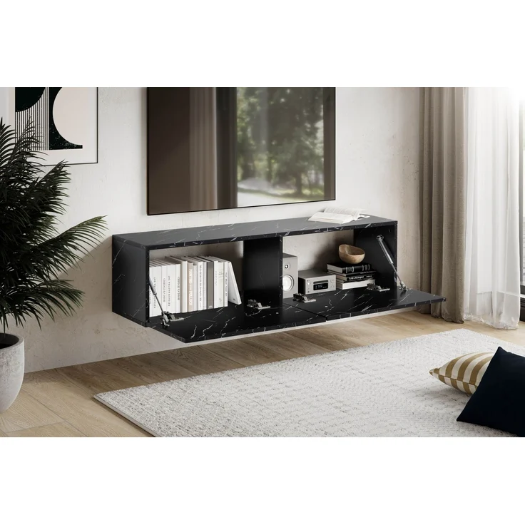 FINEBUY Lowboard FB58626 (Marmor-Optik Schwarz 120x30x30 cm mit zwei Türen), TV-Kommode Hoch, TV-Schrank Modern, Fernsehtisch – Bild 5