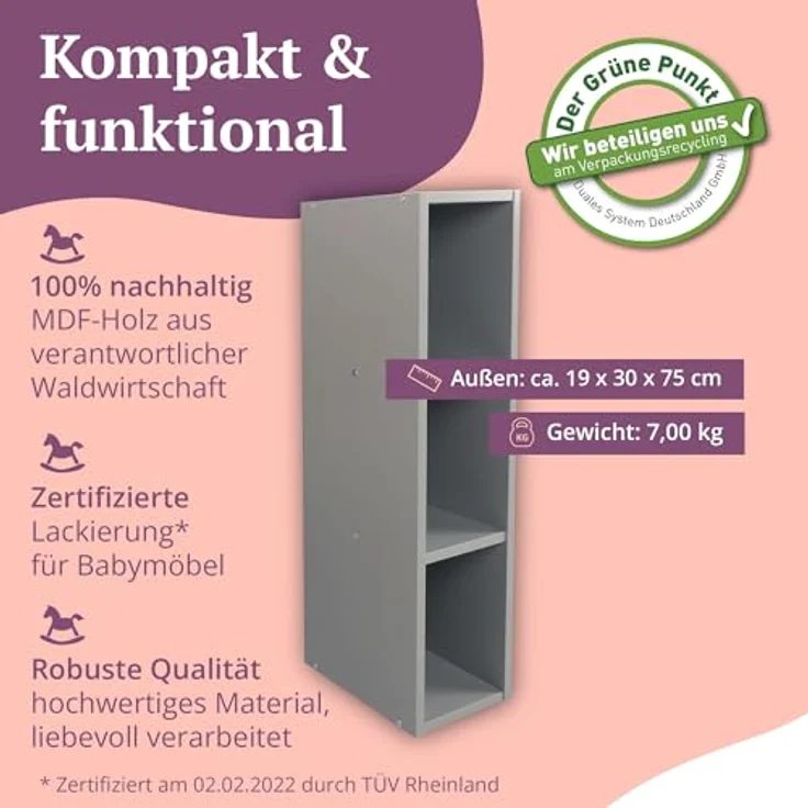 Puckdaddy Stauraumregal Mikkel 19x30x75cm in Grau passend zu IKEA Malm Kommoden Kinderzimmer – Bild 5