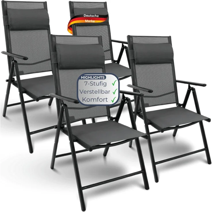 4er Set Gartenstuhl Hochlehner Verstellbar VOGT - Stahlgestell | Gartenstühle Klappbar mit Kopfkissen Campingstuhl Wetterfest Klappstuhl, Anthrazit – Bild 1