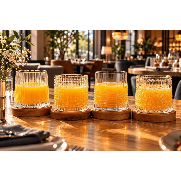Sendez Whiskyglas 4er Set Whiskygläser 170ml Holzuntersetzer Tumbler Drehend 4 Muster, 4-tlg, Glas – Bild 4
