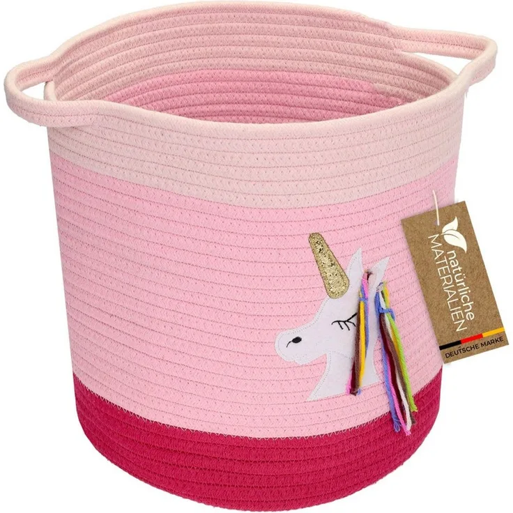 HMF Aufbewahrungskorb Aufbewahrungskorb mit verlängerten Griffen, runder Korb, Baumwolle für Kinderzimmer oder Babyzimmer, Einhorn, 30,5 x 30,5 cm