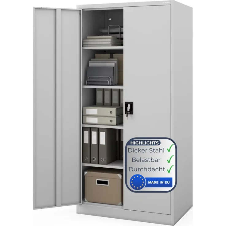 Aktenschrank abschließbar KADO - 5 Ebenen verstellbar, Flügeltüren | Metallschrank Werkstatt Mehrzweckschrank Büroschrank aus Stahl Werkzeugschrank, 185 x 90 x 60 cm Grau
