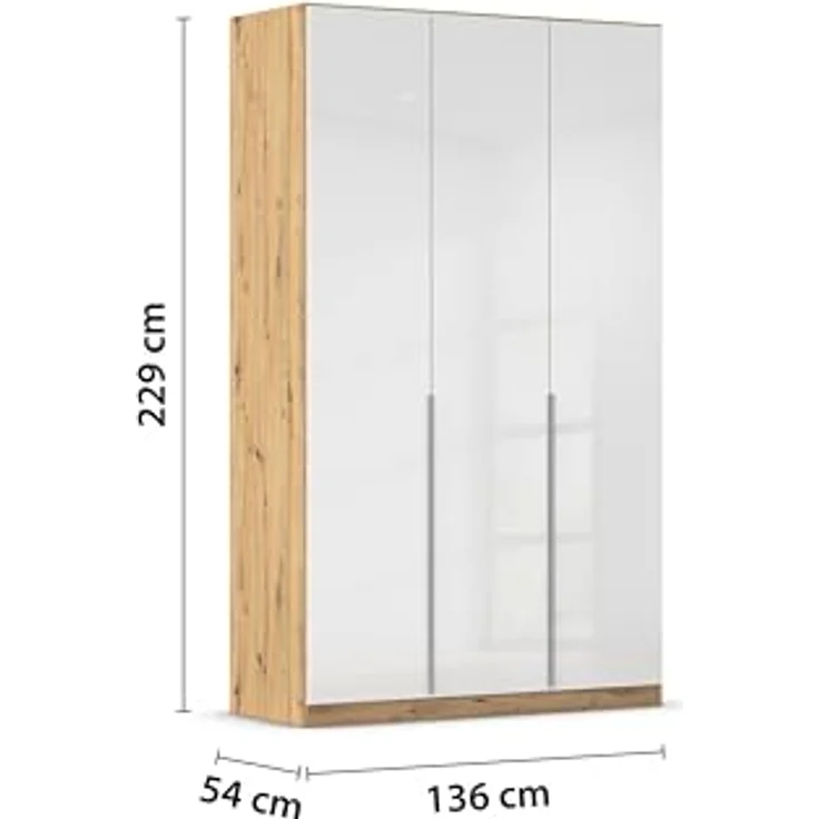 Rauch Möbel Alabama, Kleiderschrank für Schlafzimmer, Kinderzimmer, Wohnzimmer, Garderobe, Flur, 3-türig, mit Zubehör Premium, Farbe Weiß Hochglanz/Eiche Artisan, Holz, Breite 136 cm – Bild 4