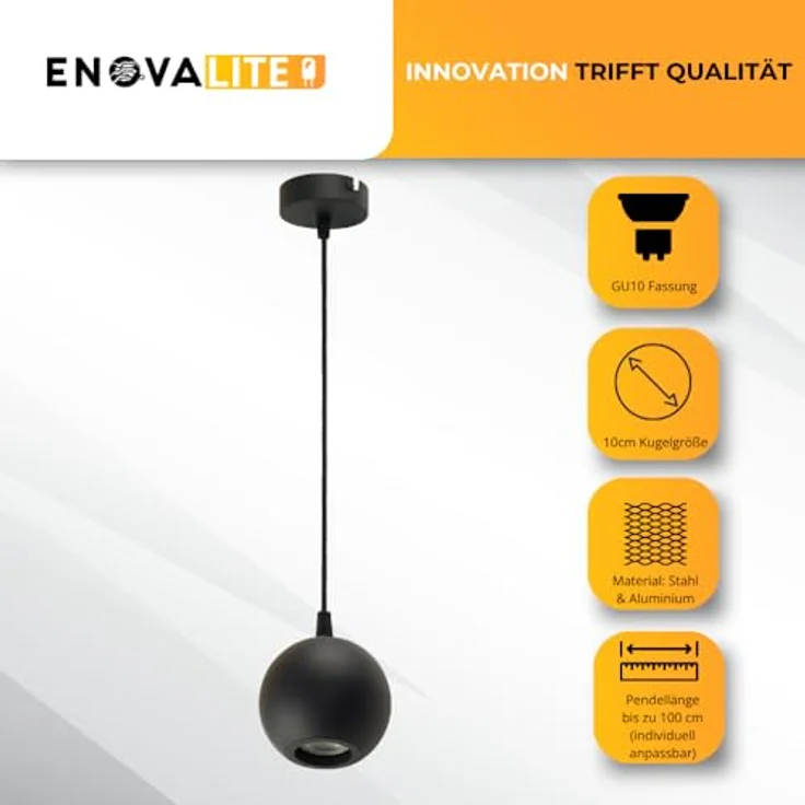ENOVALITE Pendelleuchte GLOBE Schwarz, 1-flammige Deckenlampe mit GU10 Fassung, Ø100mm, 100cm Pendellänge – Bild 2