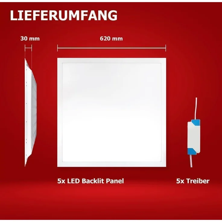 5x LED Panel 62x62cm Neutralweiß 5000K 4500lm 25W Rasterleuchte Deckenleuchte BLs2.0 – Bild 7