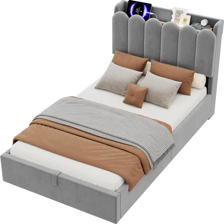 Polsterbett, Einzelbett, Kinderbett 90 x 200cm, hydraulisches Funktionsbett, Bett mit Lattenrost, gepolstertes Kopfteil, großem Stauraum und USB& Type-C-Ladestation und Leselampe, samt, grau – Bild 9
