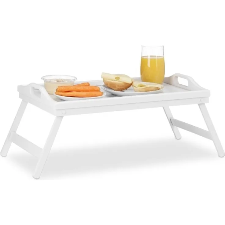 Relaxdays Betttablett klappbar, Bambus / MDF weiß, 61,5 x 30 x 22 cm