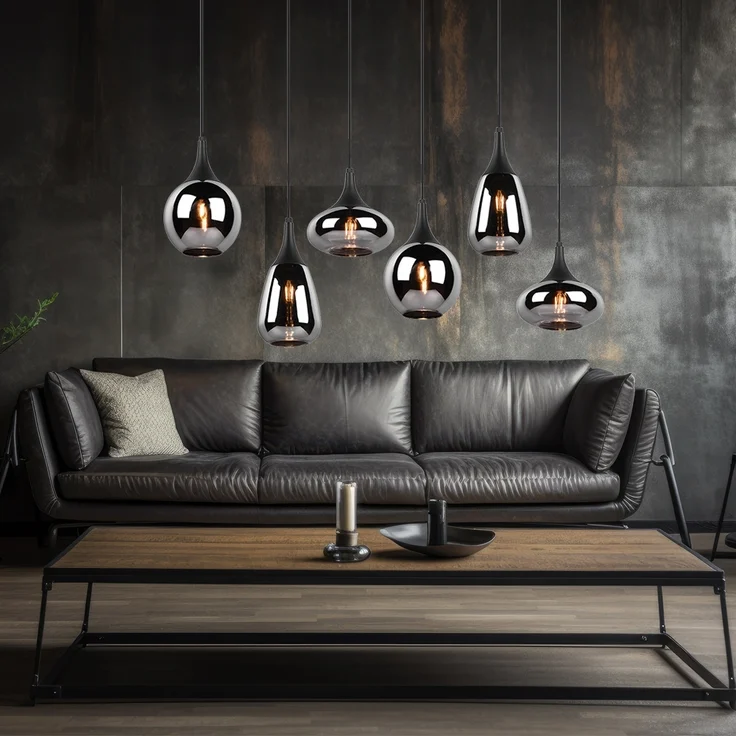 Hängeleuchte, Metall schwarz, Glas chrom, 6 Flammig, H 150cm – Bild 9