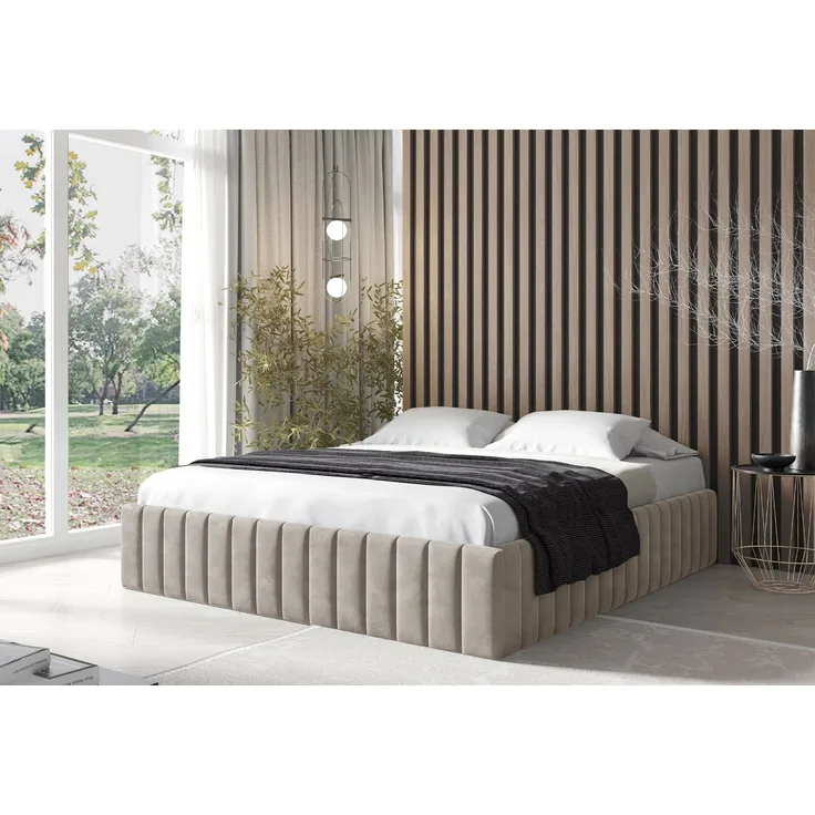 MEBLINI Polsterbett 160x200 mit Lattenrost und Matratze – BOURNE – Beige Samt – Doppelbett mit Bettkasten - Stauraumbett - Bett mit Stauraum