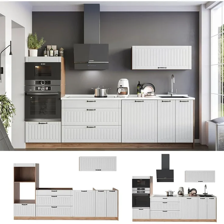 Küchenzeile Fame-Line Weiß Landhaus/Goldkraft Eiche 280 cm, AP Eiche Vicco – Bild 7