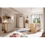 Babyzimmer Lilly Kinderzimmer Komplett Set in Asteiche und Kreidegrau matt Lack in verschiedenen Varianten wählbar - 8 teilig , Kleiderschrank + Babybett + Lattenrost + Umbauseiten + Wickelkommode + Seitenregal + Beistellschrank + Wandregal