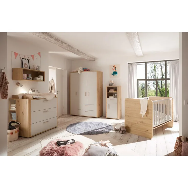 Babyzimmer Lilly Kinderzimmer Komplett Set in Asteiche und Kreidegrau matt Lack in verschiedenen Varianten wählbar - 8 teilig , Kleiderschrank + Babybett + Lattenrost + Umbauseiten + Wickelkommode + Seitenregal + Beistellschrank + Wandregal
