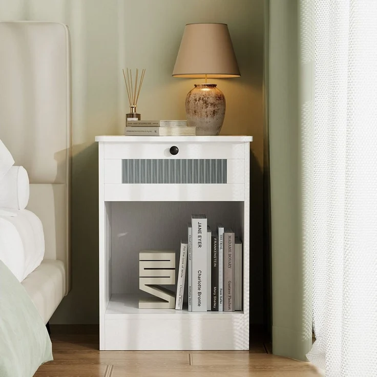 VOWNER Nachttisch mit Glasfront und Schublade, offenes Fach, Weiß, 45x40x60 cm (1-St), multifunktional als Beistelltisch für Schlafzimmer und Wohnzimmer – Bild 1