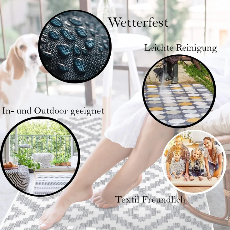 Outdoor Teppich Rund - 160x160cm - Wetterfest - Grau Weiß - Bordüre - Teppiche für Terrasse Balkon Garten Indoor – Bild 6