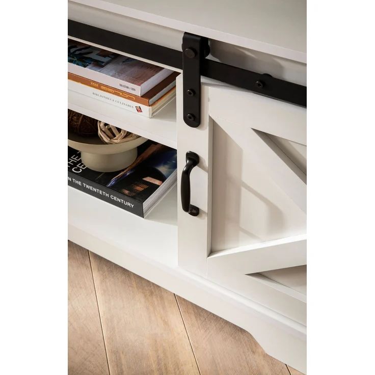 FineBuy Lowboard Weiß 150x59,5x39,5 cm TV-Kommode Landhaus-Stil Modern, Design TV-Schrank Hoch, Fernsehtisch Fernsehschrank mit zwei Schiebe-Türen, Fernsehkommode Wohnzimmer – Bild 5