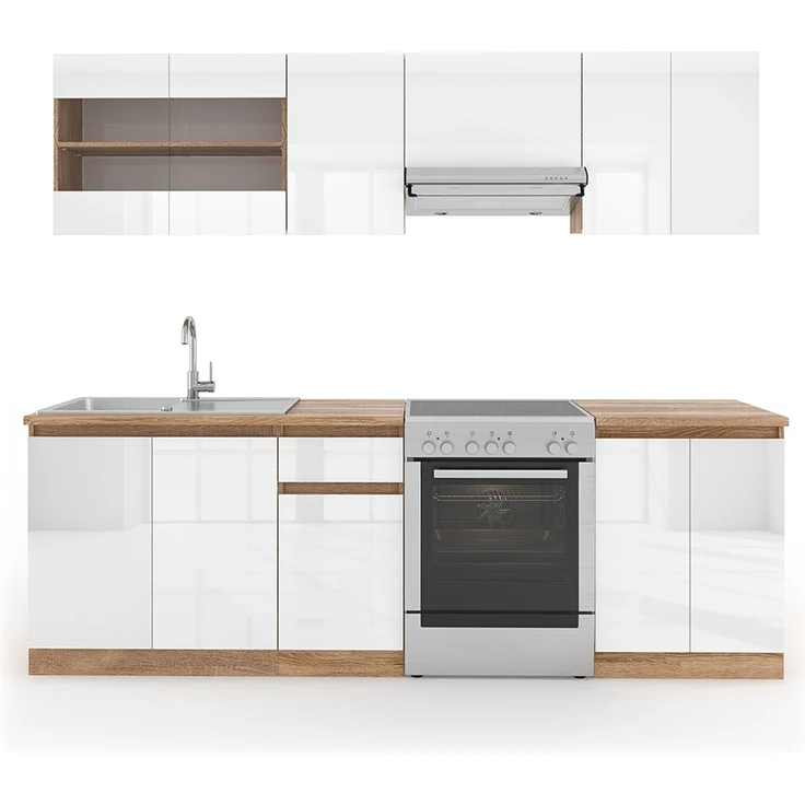 Küchenzeile R-Line Weiß Hochglanz/Weiß 240 cm, AP Sonoma Vicco – Bild 1