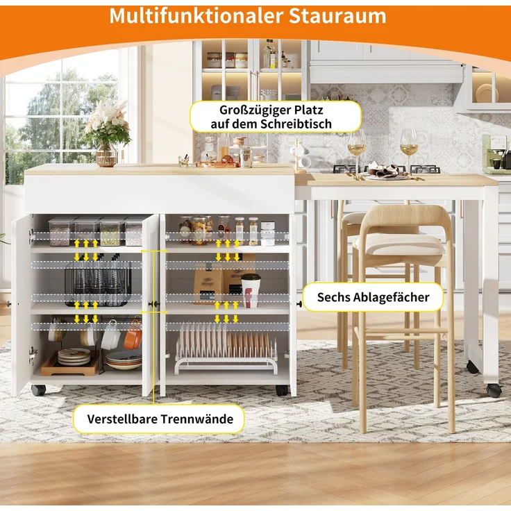 Moderner ausziehbarer Bartisch(117-180×50×94.6cm) ,Ausziehbarer Esstisch mit Stauraum , mit sechs AblageflächenStehtisch Bistrotisch, für Esszimmer,Verwendung als Wohnzimmertrennwand,Weiß – Bild 5