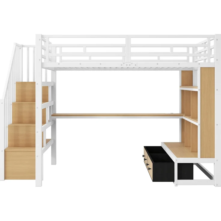 Merax 140x200 Hochbett, Doppelbett mit Schreibtisch und Regalen, zwei integrierten Schubladen, Treppe mit Stauraum, Weiß – Bild 8