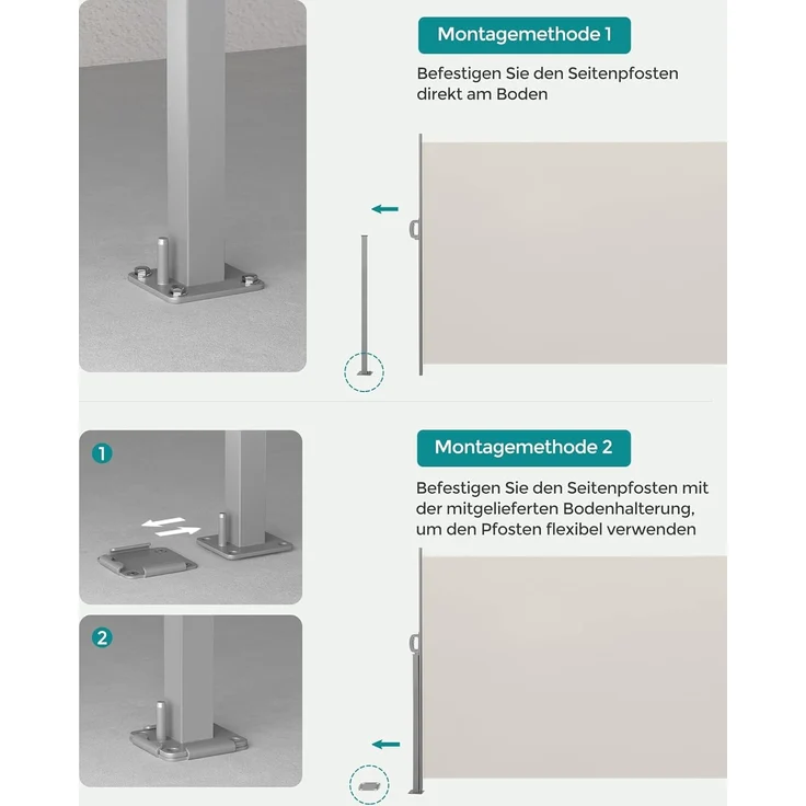 Songmics Seitenmarkise mit Stahl-Kasten, rostbeständig, ausziehbar, 200x350 cm, Sichtschutz, Sonnenschutz, Blickdicht, Seitenrollo, für Balkon, Terrasse, Garten, beige GSA205E02 – Bild 6
