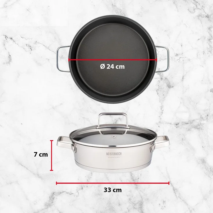MEISTERKOCH Bratpfanne Servierpfanne 24 cm Ø aus 18/10 Edelstahl satiniert | Kochgeschirr Pfanne induktionsgeeignet mit ILAG Antihaftbeschichtung | Backofenfest bis 240°C