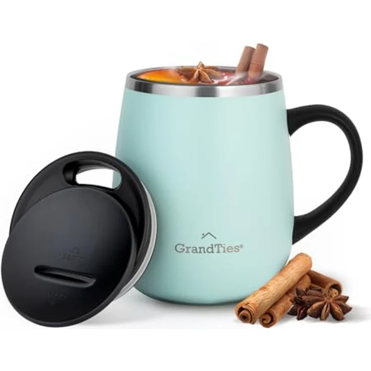 Grandties Insulated Coffee Mug with Handle, Sliding Lid for Splash-Proof 16 oz Wine Glass Shape Thermal Tumbler with Double Walled Vacuum Stainless Steel to Keep Beverages Hot or Cold- Powder Green – Bild 1