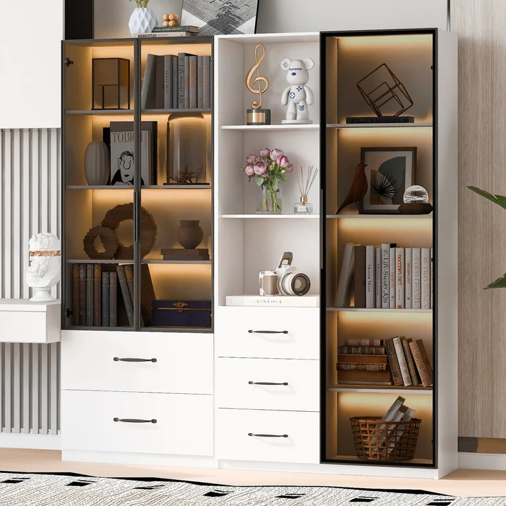 Modulare Vitrine B 140 x T 40 x H 160 cm mit LED, Glasfront und Schubladen – Bild 1