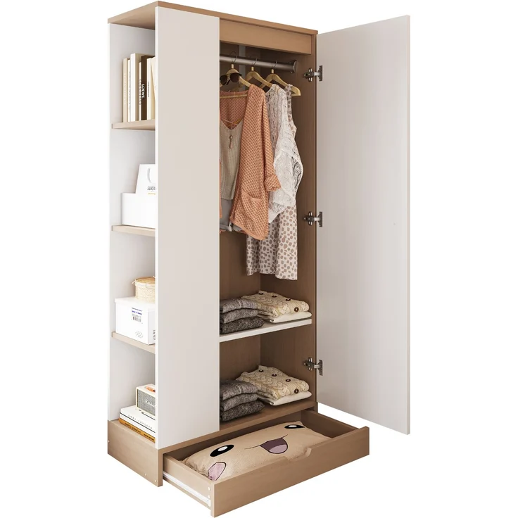 Merax Kleiderschrank 70*40*170cm, Eintürige Ausführung, mit Einlegeböden und Schubladen, Naturholzfarbe + Weiß – Bild 10