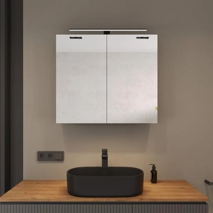 Planetmöbel ARIA Spiegelschrank Bad mit Beleuchtung 80 cm breit | Badschrank hängend mit Spiegel | Anthrazit, mit Leuchte und Steckdose, Spiegelschrank Gäste WC 80 x 70 x 16 cm – Bild 3