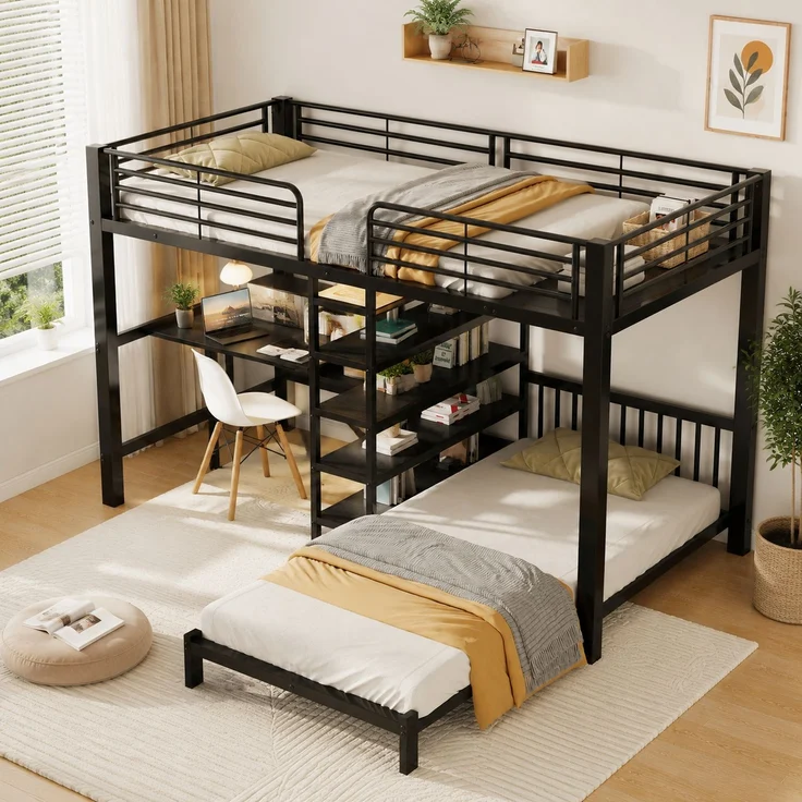 Zwei Schlafplätze,Hochbett,Eisenrahmen,90 x 200 cm,Schreibtisch,Doppelsteckdose mit USB- und Type-C-Schnittstelle,3 mehreren Regalen,Kopfteil-Ablage,EN747zertifiziert,Ohne Matratze,Schwarz – Bild 1