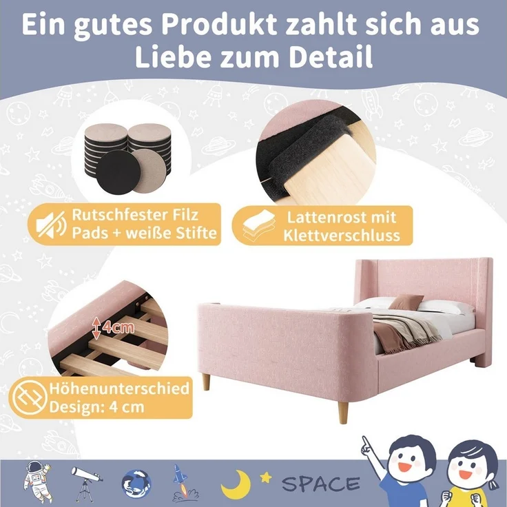 BlingBin Einzelbett (1-tlg, Kinderbett Polsterbett 90 x 200 cm mit kosmischem Muster), Für Jungen & Mädchen, Samt (Ohne Matratze) – Bild 3