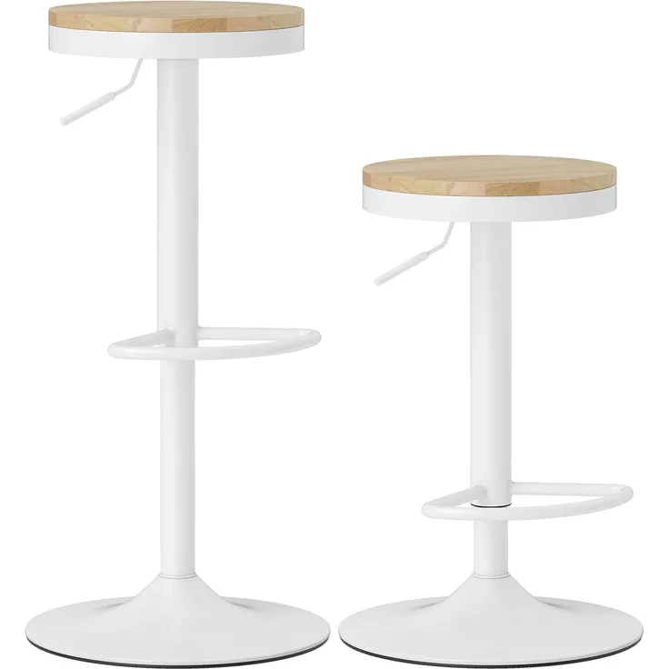 Barhocker 2er Set, Höhenverstellbar 360° Drehbar Barstuhl mit Stahlgestell Fußstütze 38,5x38,5x60-80 cm Naturholz+Weiß--Naturholz + Weiß--80x38.5x38.5cm--YOUDENOVA