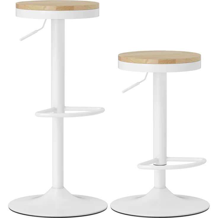 Barhocker 2er Set, Höhenverstellbar 360° Drehbar Barstuhl mit Stahlgestell Fußstütze 38,5x38,5x60-80 cm Naturholz+Weiß--Naturholz + Weiß--80x38.5x38.5cm--YOUDENOVA – Bild 1