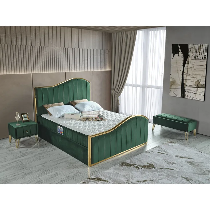 Schlafzimmer-Set "Alia" – Bett mit Bettkasten und Matratze , Bettbank, Nachttisch-Grün