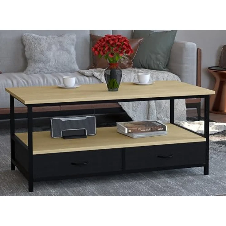 MID.YOU Couchtisch Flonila, rechteckig, Schwarz und Honigeiche, Metall, mit 2 Schubladen, rostfrei, 50x45x100 cm – Bild 2