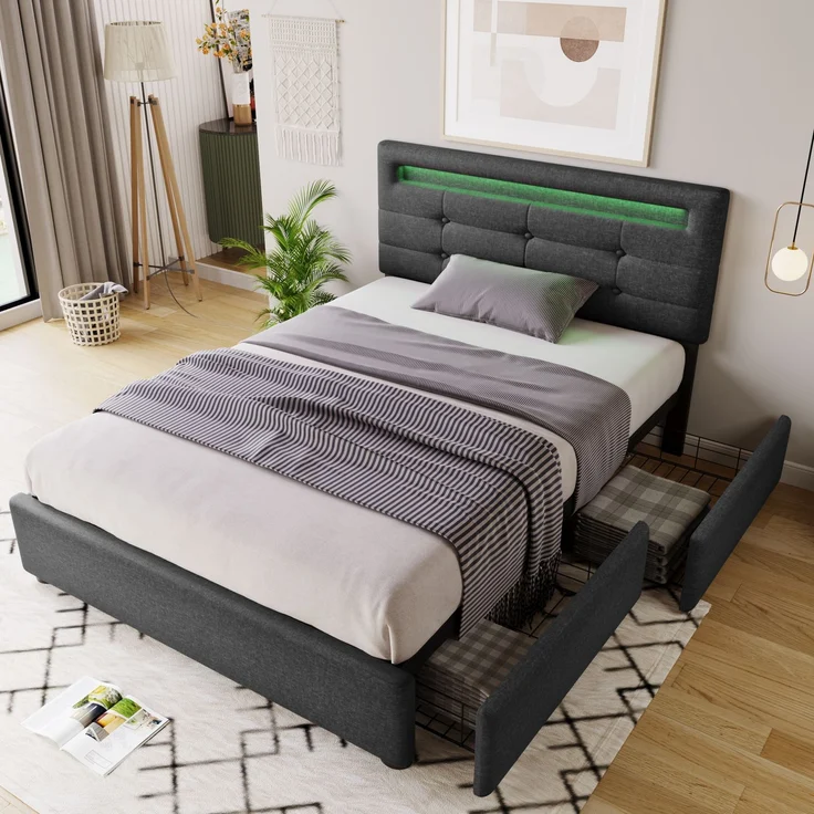 Einzelbett 90 × 200 cm mit LED-Beleuchtung, verstellbarem Kopfteil, 2 Schubladen, Leinenbezug in Grau, modernes Design,inklusive Matratze – Bild 5
