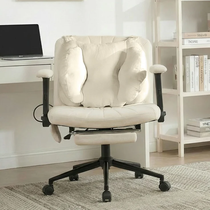 Drehstuhl aus Stoff, mit verstellbarer Lendenstütze und Rollen, 80x55x86 cm, Beige – Bild 2