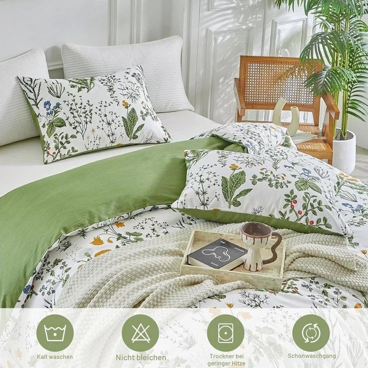 ibettertec Bettwäsche Bettwäsche Set Salbeigrün Blumen Bettwäsche Wendbar mit Reißverschluss, Bettwäsche Grün Blümchen Blumen und Kissenbezug 80x80 cm – Bild 4