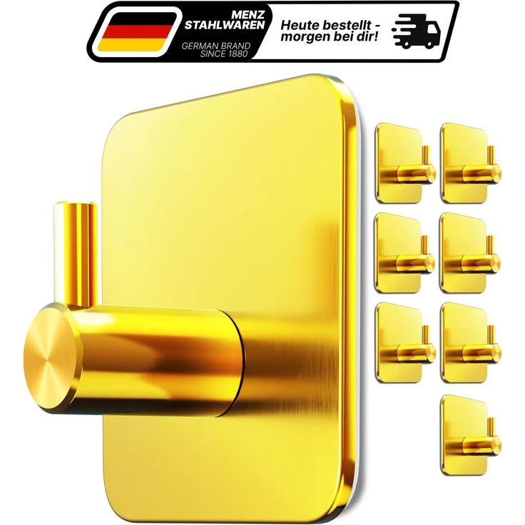 Lindenstein Handtuchhaken 8er-Set Gold – Edelstahl V2A, selbstklebend mit 3M-Pads – Bild 1
