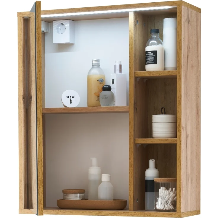 GREECE Spiegelschrank Bad mit LED-Beleuchtung in Wotan Eiche Optik - Badezimmerspiegel Schrank mit viel Stauraum - 60 x 70 x 20 cm (B/H/T) – Bild 3