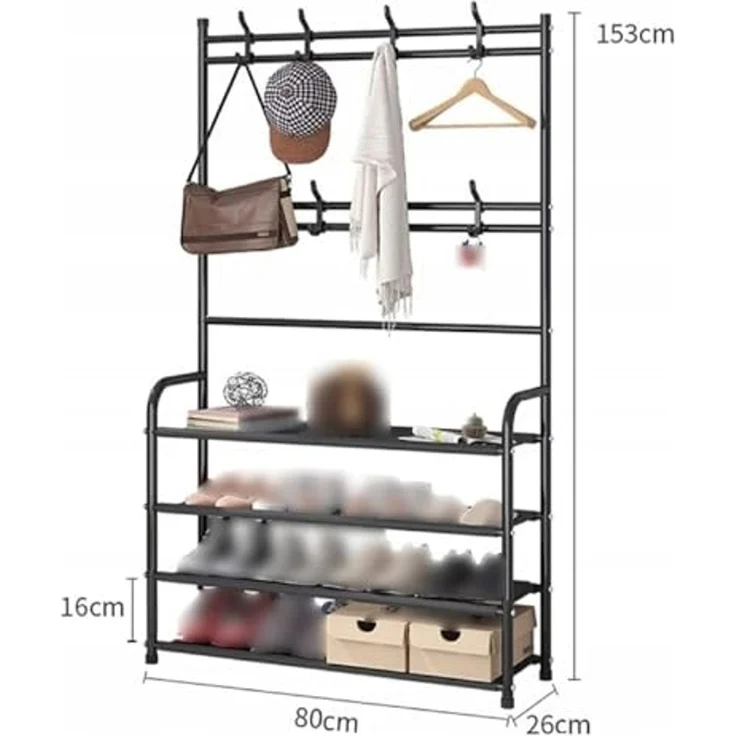 QLS Garderobenständer, mit Schuhregal 8 Haken 4 Ebenen Freistehend Stahl Schwarz – Bild 3