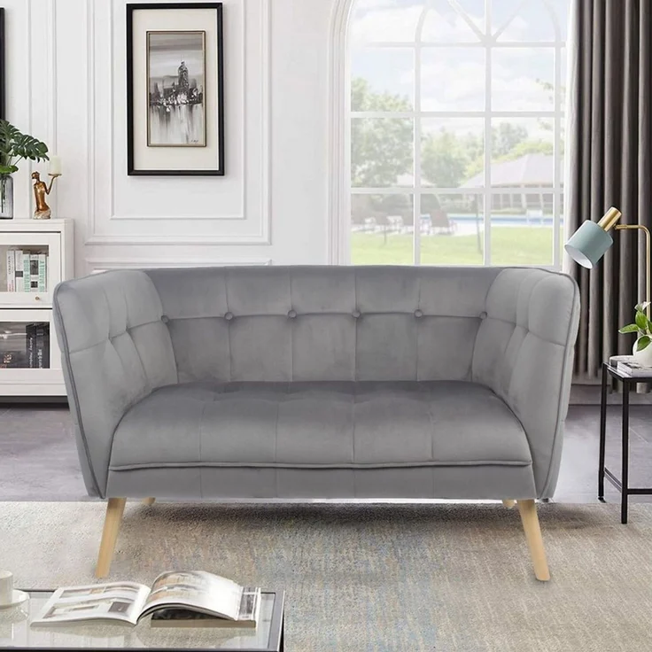 Happy Home Loungesofa Moderner 2-Sitzer Sitzbank mit Armlehne aus Samtbezug grau – Bild 2